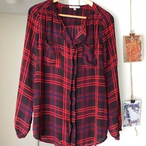 Lightweight Plaid Blouse with Rollup Sleeves